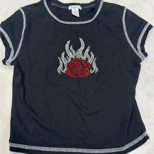 Y2K Flame Rose Rhinestone Baby Tee Rue21 Black Top